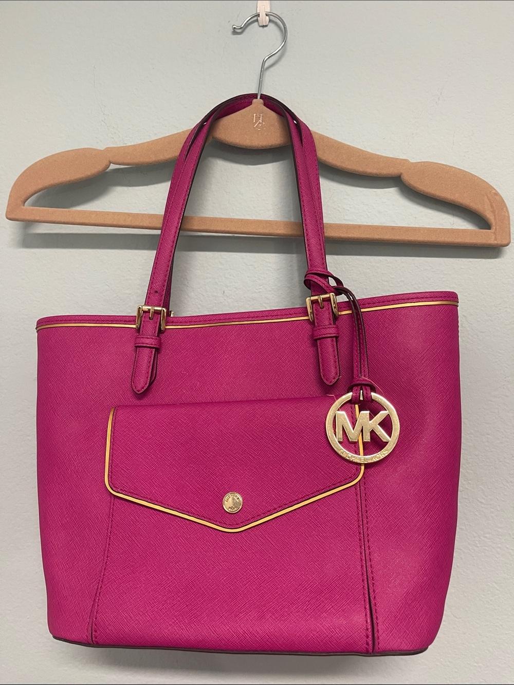 Michael Kors Fuchsia Saffiano Leather Tote with Gold Accents